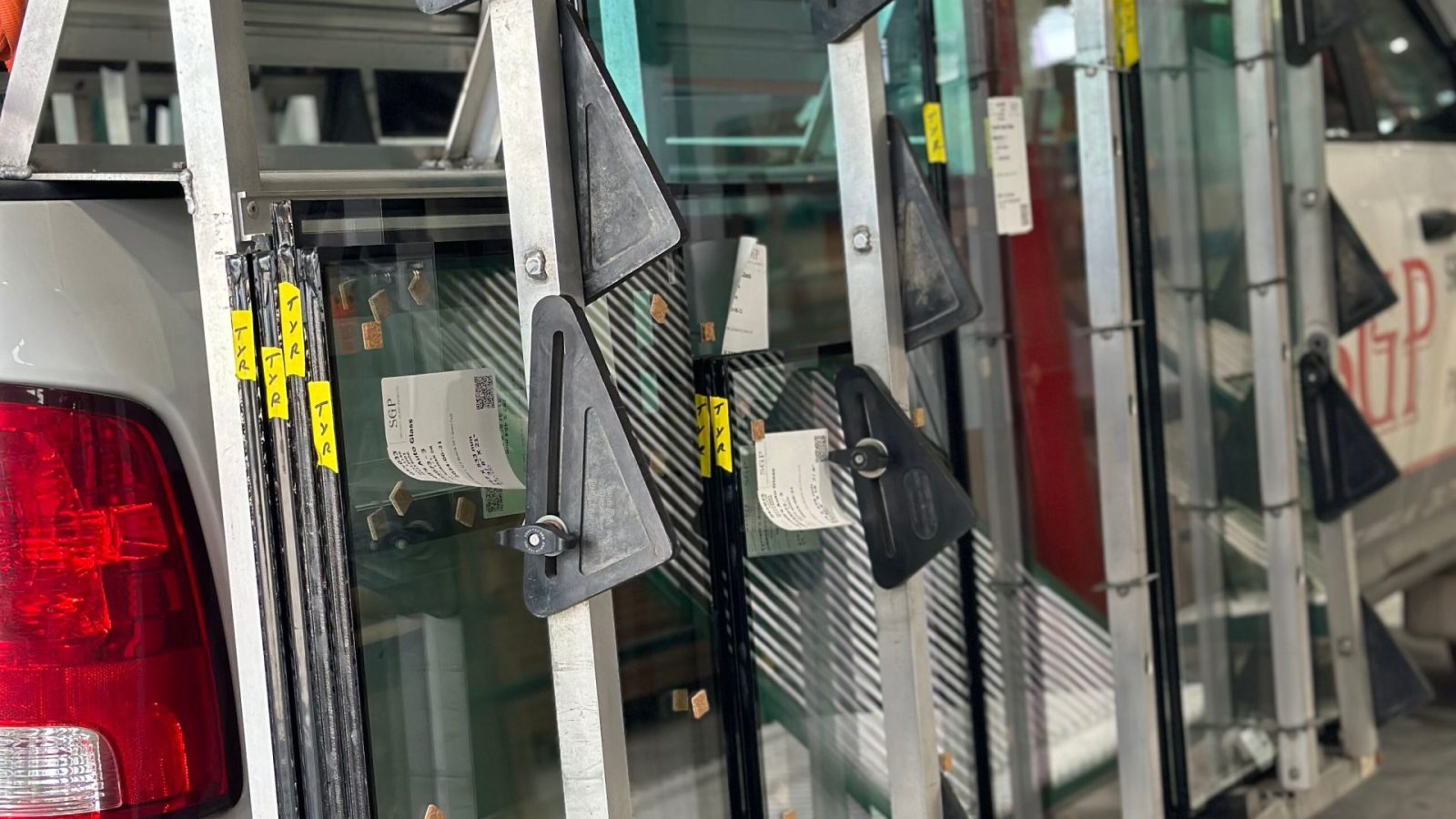 A truck equipped with a metal rack securely holds multiple large sheets of security glass. The glass is stacked upright and fastened with black triangular holders. Parked indoors in Winnipeg, the truck reveals a glimpse of its red tail light.